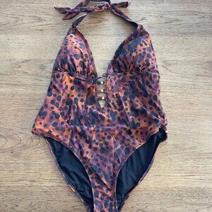 City Chic Animal Print SIZE 16 Halter Tie Plunge Front One Piece Swimsuit NWT E